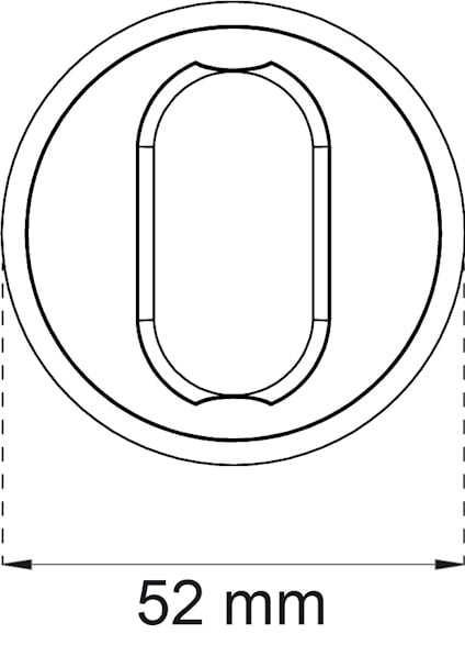 Ritning av cirkulärt objekt med en horisontell oval i mitten och måtten 52 mm visade nedanför.