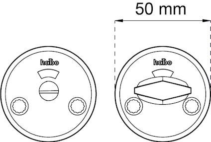 Diagram av rund säkerhetsbeslag med text "habo", med mått 50 mm markerat.