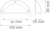 Halv cirkelformad metallhandtag med fyra skruvhål och måtten 100 mm bredd, 45 mm höjd och 25 mm djup.