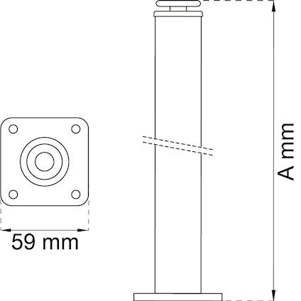 Ritning av en pelare med fyrkantig basplatta, 59 mm bred. Höjden är angiven som A mm.
