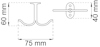 Ritning av dubbelkrok med mått: bredd 75 mm, höjd 60 mm, sidovy visar fäste 40 mm.