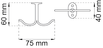 Ritning av dubbelkrok med mått: bredd 75 mm, höjd 60 mm, sidovy visar fäste 40 mm.