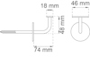 Diagram av en skruvkrok med dimensioner: skruv 74 mm, krokens utsprång 18 mm, kroks diameter 46 mm, total höjd 48 mm.