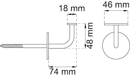 Diagram av en skruvkrok med dimensioner: skruv 74 mm, krokens utsprång 18 mm, kroks diameter 46 mm, total höjd 48 mm.