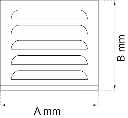 Ritning av ventilationsgaller med måtten A mm och B mm markerade. Fyra horisontella lameller syns.