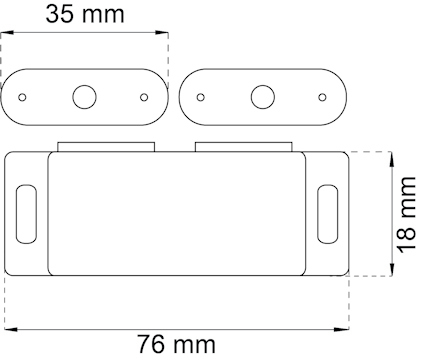 Diagram av rektangulär komponent, mått 76x18 mm, med två mindre ovala delar 35 mm ovanför.