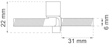 Ritning av en metallkonstruktion med måtten 22 mm, 31 mm och 6 mm markerade.
