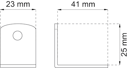 Ritning av ett metallbeslag i L-form med mått 23 mm, 41 mm och 25 mm samt ett cirkulärt hål.