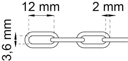 Kedjelänkar med dimensioner: längd 12 mm, bredd 3,6 mm och avstånd 2 mm mellan länkarna.
