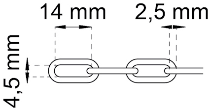 Kedjelänk med mått: 14 mm längd, 4,5 mm höjd, och 2,5 mm mellanrum mellan länkar.