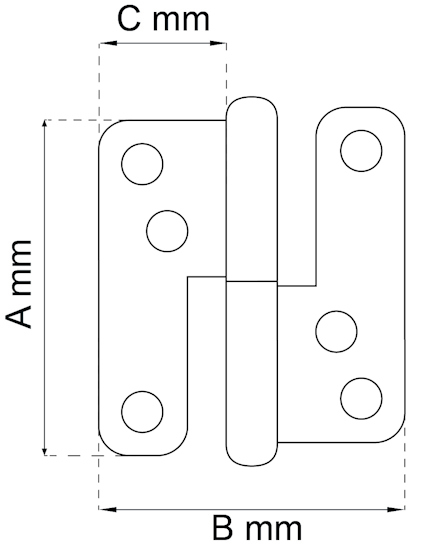 Illustration av ett gångjärn med måtten A, B, och C markerade i millimeter.