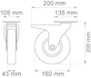 Ritning av en hjulmontering med mått: 200 mm höjd, 160 mm hjuldiameter, 105 mm bredd, 135 mm djup.
