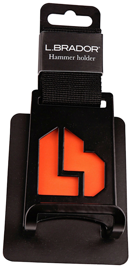 Svart och orange hammarhållare med texten "L.BRADOR Hammer holder" på förpackningen.