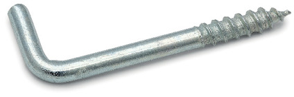 Metallisk vinkelkrok med gängad skruv och böjd ände, mot vit bakgrund.