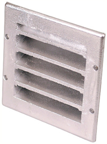 Ventilgaller i gjuten aluminium med fyra horisontella lameller och rundade hörn.