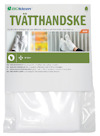 Förpackning för en Biokleen tvätthandske med text i grönt och blått, samt bild av handske som torkar en radiator.