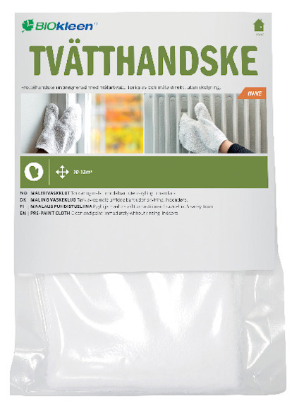 Förpackning för en Biokleen tvätthandske med text i grönt och blått, samt bild av handske som torkar en radiator.