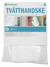 Förpackning med en Biokleen tvätthandske, illustrerad med två händer i vita handskar, en mot ett handtag och en mot tegel. Text: "TVÄTTHANDSKE".