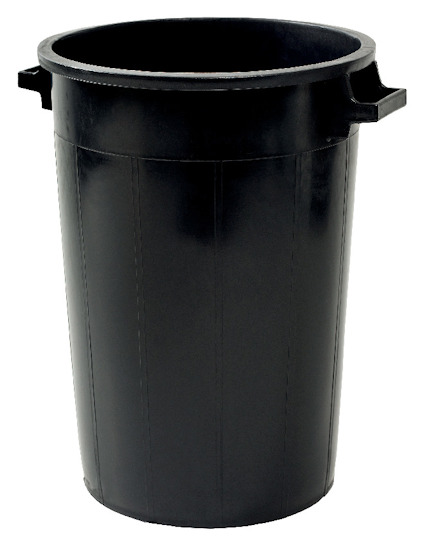 Svart plasttunna med två handtag på sidorna.