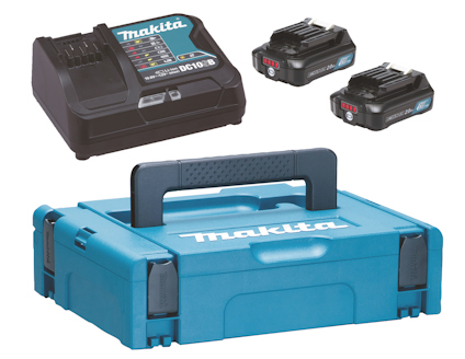 Laddare och två batterier bredvid en blå verktygslåda med texten "Makita".