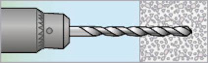 Illustration av en borr med spiralborret riktat mot en betongvägg.