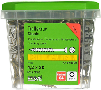 Plastburk med trallskruv från Essve. Text: "Trallskruv Classic 4,2 x 30, 250 st, Art 648530".