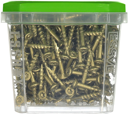 Plastlåda med många guldfärgade skruvar och ett grönt lock. Texten "ESSVE" syns på båda sidorna.