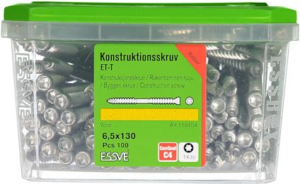 Transparent plastlåda med 100 konstruktionsskruvar, 6,5x130 mm, varumärke ESSVE.
