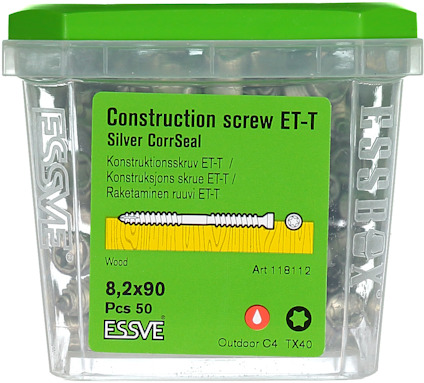 Förpackning med ESSVE constructionskruv ET-T, silver CorrSeal, 8,2x90 mm, 50 st, outdoor C4, TX40.