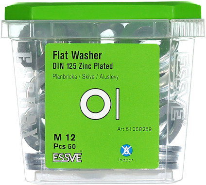 Förpackning med 50 flatbricka M12, DIN 125, zinkpläterad, varumärke ESSVE.