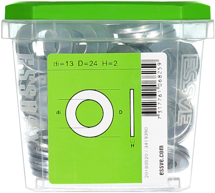 Plastlåda med metalldetaljer, etikett text: "di=13 D=24 H=2", "ESSVE".