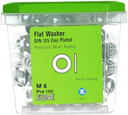Förpackning med 100 planbrickor M6, zinkbelagda, artikelnummer 61068228, för inomhusbruk.