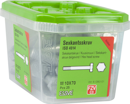 Sexkantsskruv ISO 4014, M 10X70, 25 st, delgängad, förzinkad. Grön förpackning med genomskinligt lock.