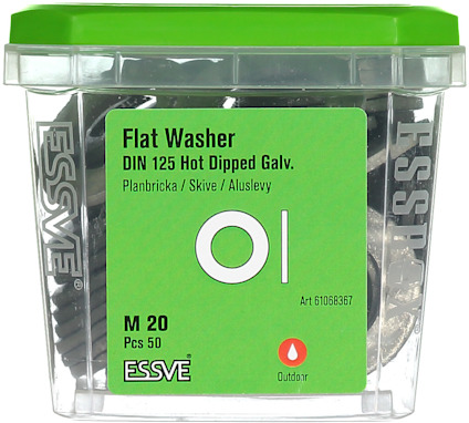 Plastlåda med platta brickor. Märkning: Essve, Flat Washer, DIN 125, M 20, 50 st, Art 61068367, outdoor.