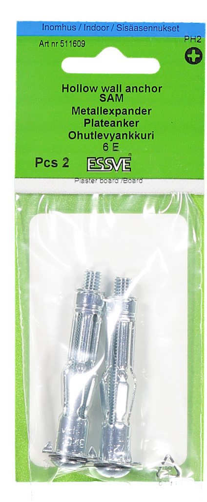 Förpackning med två metallankare för gipsvägg från Essve.