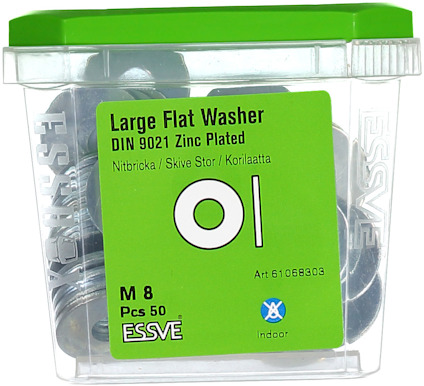 Förpackning med stora plana brickor, DIN 9021, M8, 50 st, zinkpläterade, grön etikett, varumärke Essve.