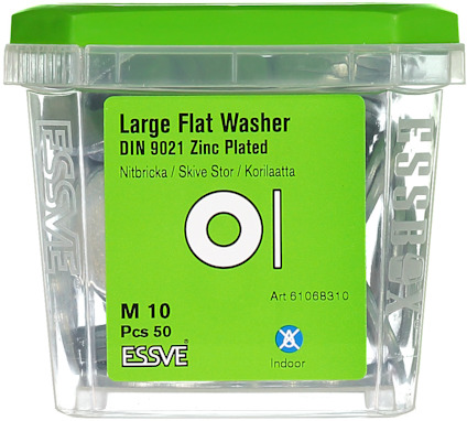 Plastbehållare med grönt lock märkt "Large Flat Washer DIN 9021 Zinc Plated M10 Pcs 50".