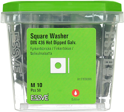 Plastförpackning med fyrkantsbrickor M10, 50 st, från märket ESSVE. Grön etikett med produktinformation.