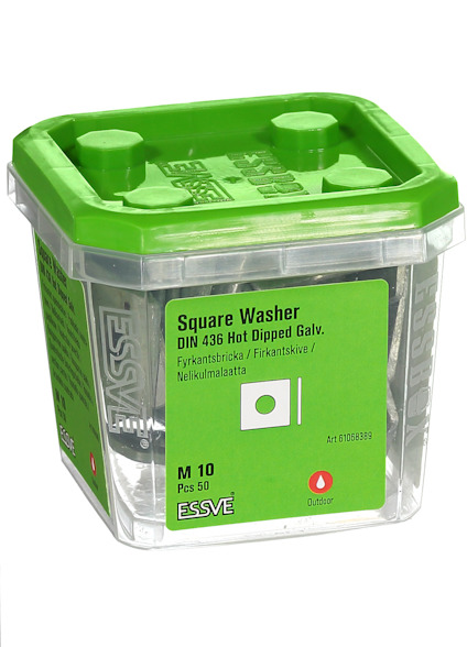 Klar plastförpackning med grönt lock innehållande fyrkantbrickor, text: "Square Washer DIN 436 Hot Dipped Galv. M 10 Pcs 50".
