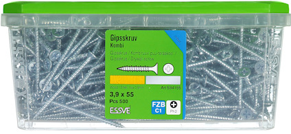 Plastlåda med gipsskruv kombi, 3,9 x 55 mm, 500 stycken. Essve, art.nr 554165.