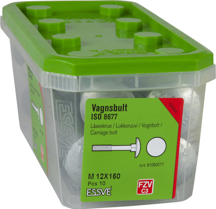Plastförpackning med grönt lock innehållande vagnsbultar, ISO 8677, M 12x150, 10 st, varumärke ESSVE.