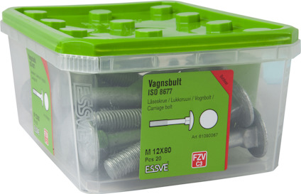 Plastlåda med grönt lock innehållande vagnsbultar, M 12x80, pcs 20, ISO 8677, märkt ESSVE FZV C3.