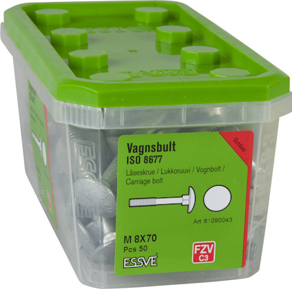 Plastlåda med grönt lock innehåller vagnsbultar, M8x70 mm, 50 stycken. Märkt med "ISO 8677", "FZV C3".