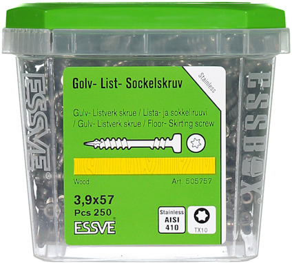 Förpackning med skruv, grön lock, etikett med text: "Golv- List- Sockelskruv 3,9x57 Pcs 250".