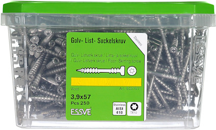 Förpackning med skruvar, märkning "Golv- List- Sockelskruv 3,9x57, Pcs 250, ESSVE".