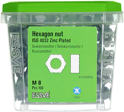 Förpackning med hexagonmuttrar, ISO 4032, zinkpläterade, M8, 100 stycken.