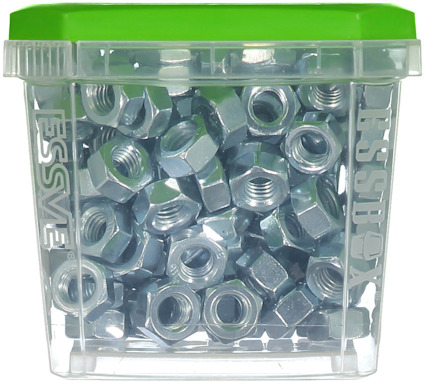 Plastlåda med gängmuttrar och ett grönt lock.