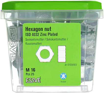 Förpackning med 25 sexkantmuttrar, M16, ISO 4032, zinkpläterade, grön etikett.