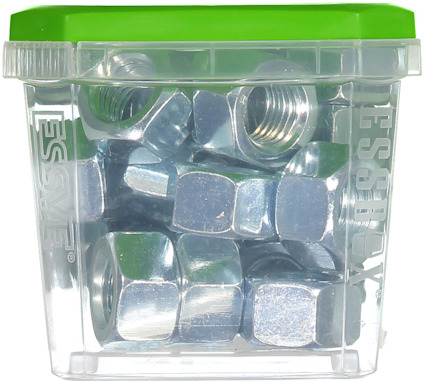 Transparent plastbehållare med metallmuttrar, grön topp.