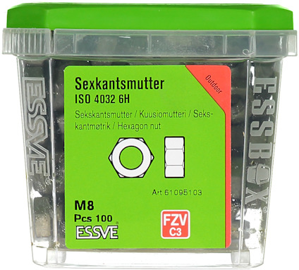 Förpackning med hexagonmuttrar ISO 4032 6H, M8, 100 st, från ESSVE. Grön etikett med diagram och artikelnummer 61095103.